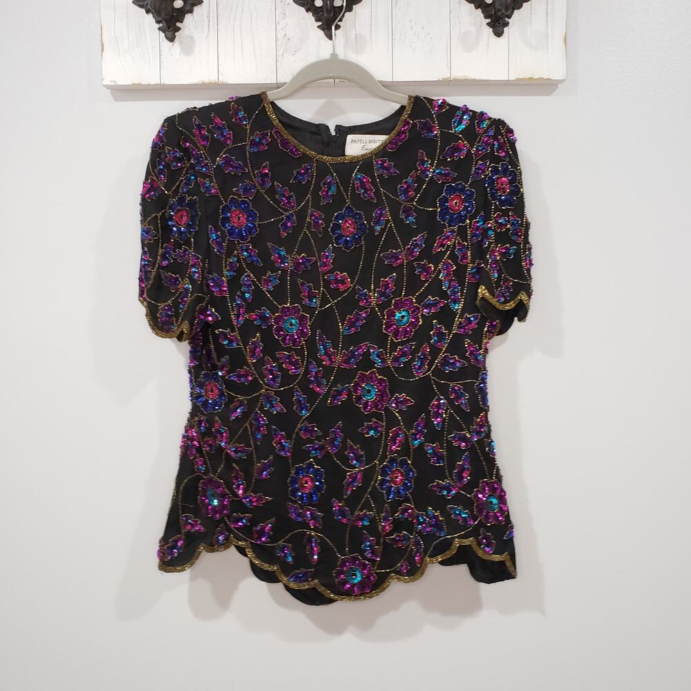 Vintage Papell Boutique Evening Silk Beaded Sequin Top M